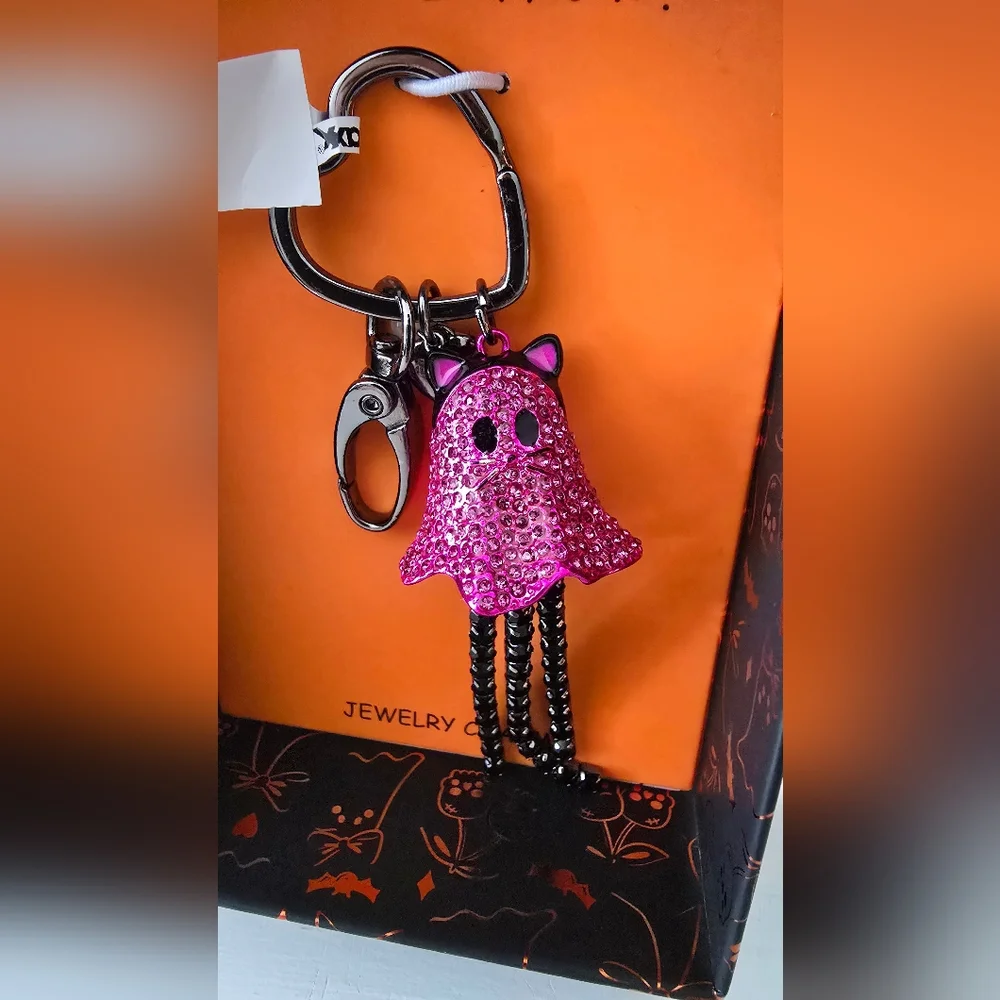Betsey Johnson Pink Cat Ghost Keychain Bag Charm – Rhinestones, NWT in Box